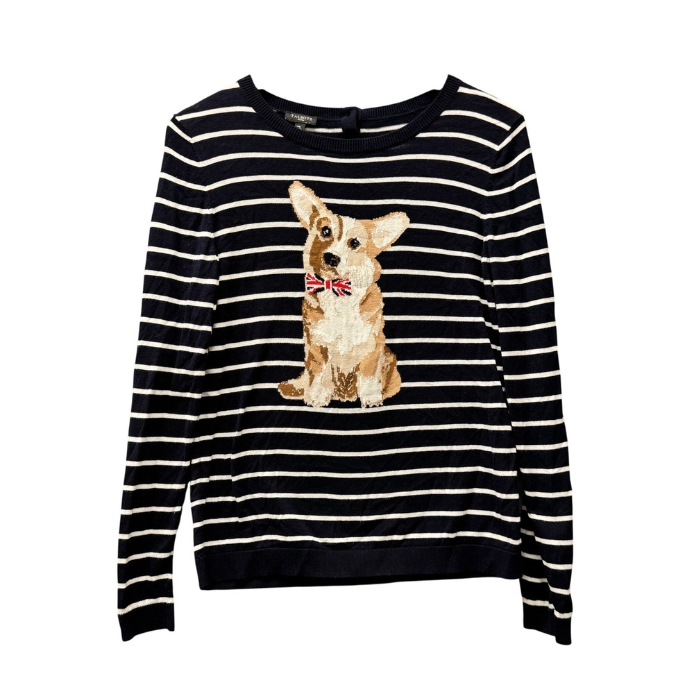 Talbots Sweater Womens MP Petite Medium Corgi Dog Navy Blue White Stripe Preppy